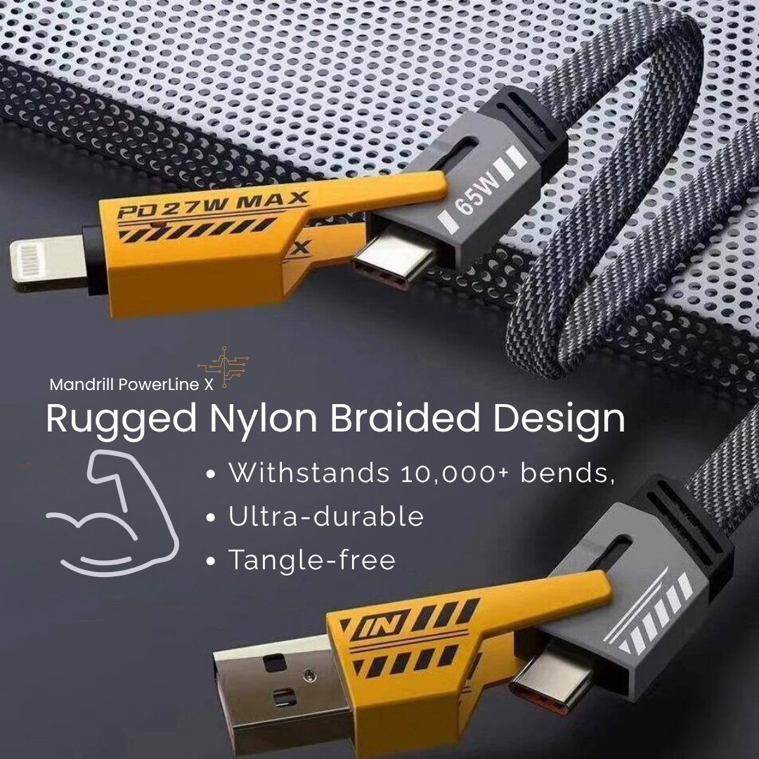 8 Mandrill PowerLine X 4 in 1 Charging Cable Fast Charging 65W, USB C Thunderbolt Port,Type C Lightning,Type A For All iPhones & Laptop - Image 8